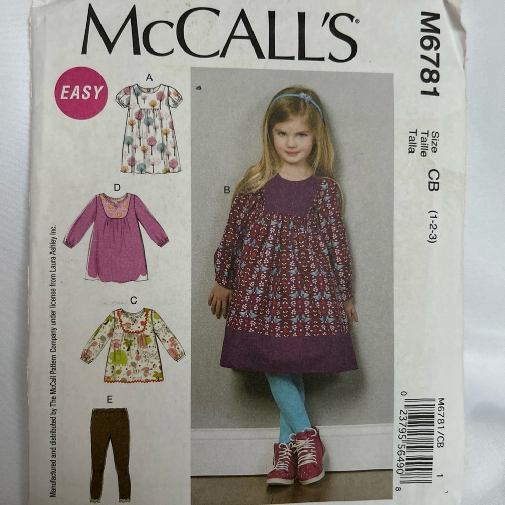 McCall’s M6781 Sewing Pattern Laura Ashley  Toddler Dresses Tops Leggings Sz CB